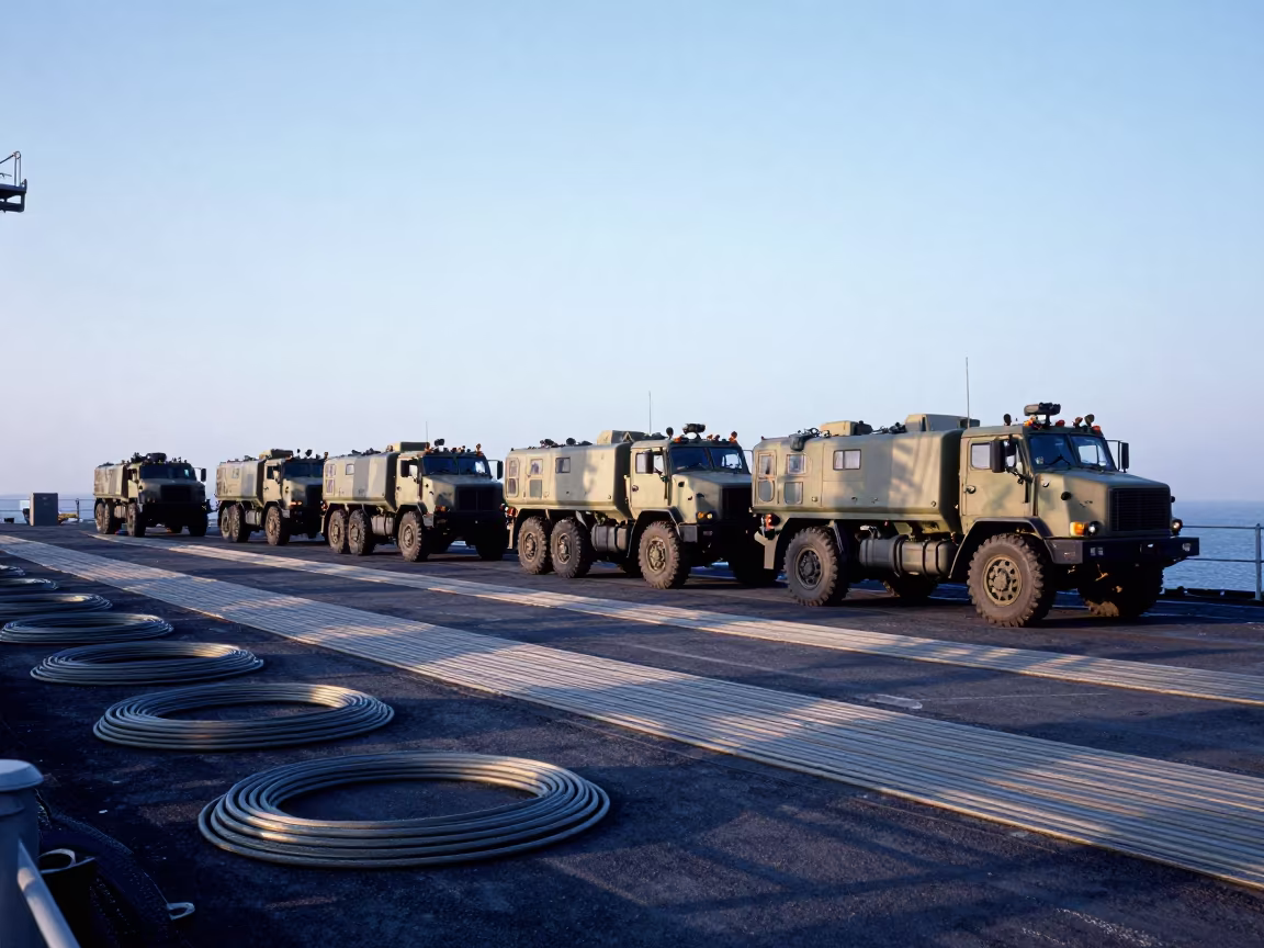 Military Convoy on Naval Deck at Dawn with Coiled Cables in on a naval deck in rough wind in Isparta
