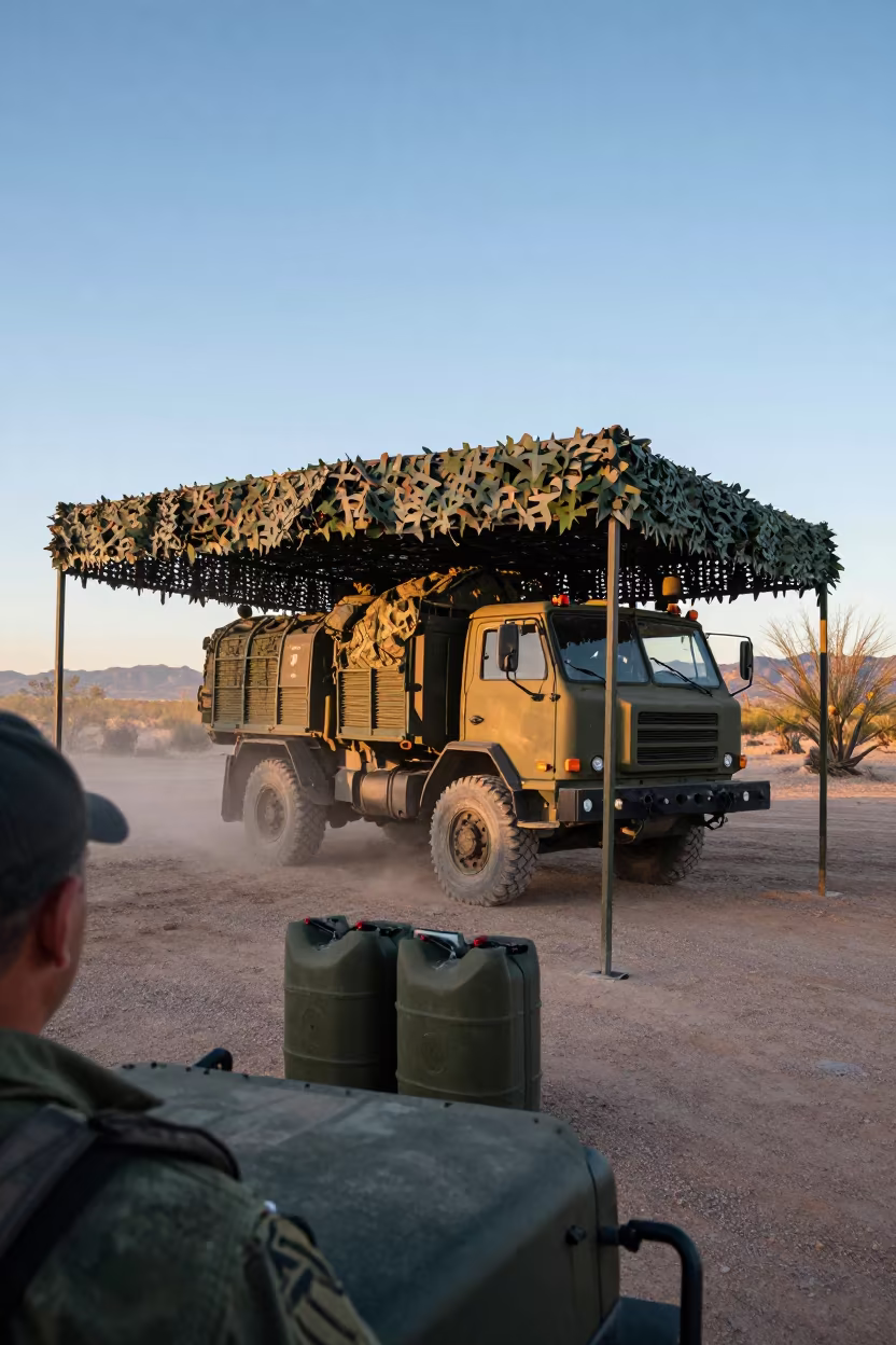 Military Convoy Under Camo Net at Dawn in beneath a camouflage net shelter near Tucson