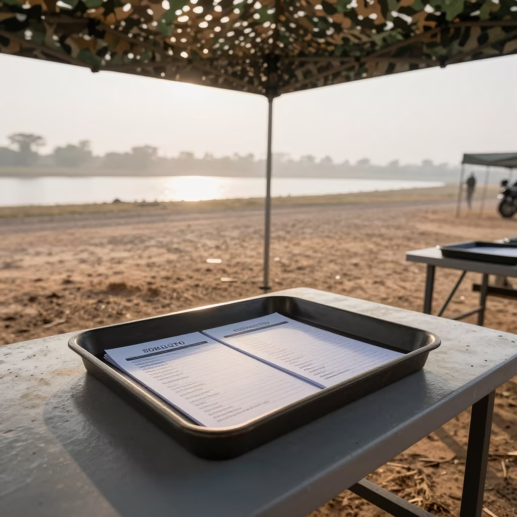 Military Customs Form Tray Under Camo Shelter in beneath a camouflage net shelter near Sokoto