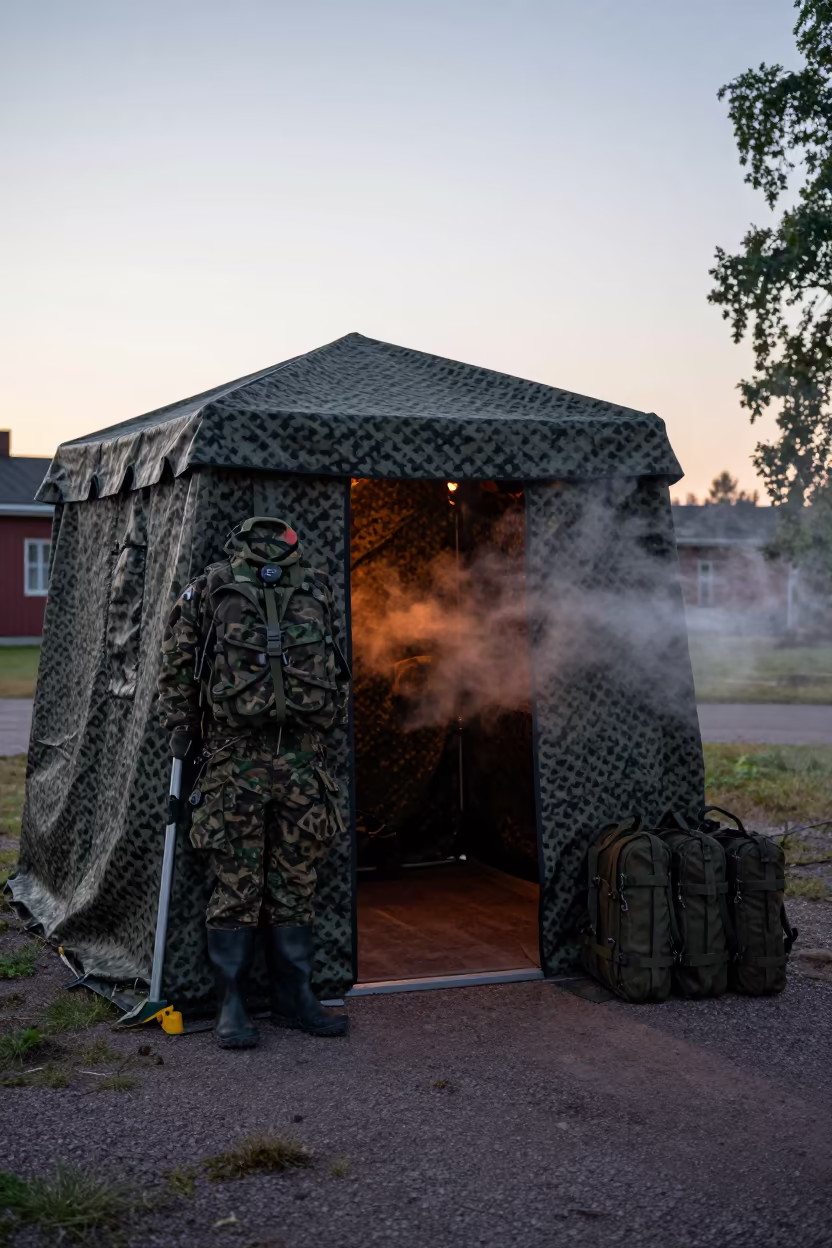 Military Decontamination Shower Tent Entry Turku in beneath a camouflage net shelter in Turku