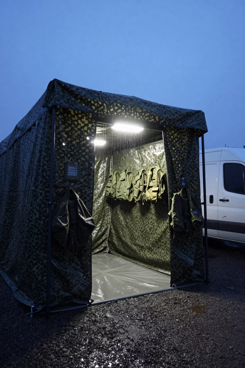 Military Decontamination Shower Tent in Rain in beneath a camouflage net shelter near Van