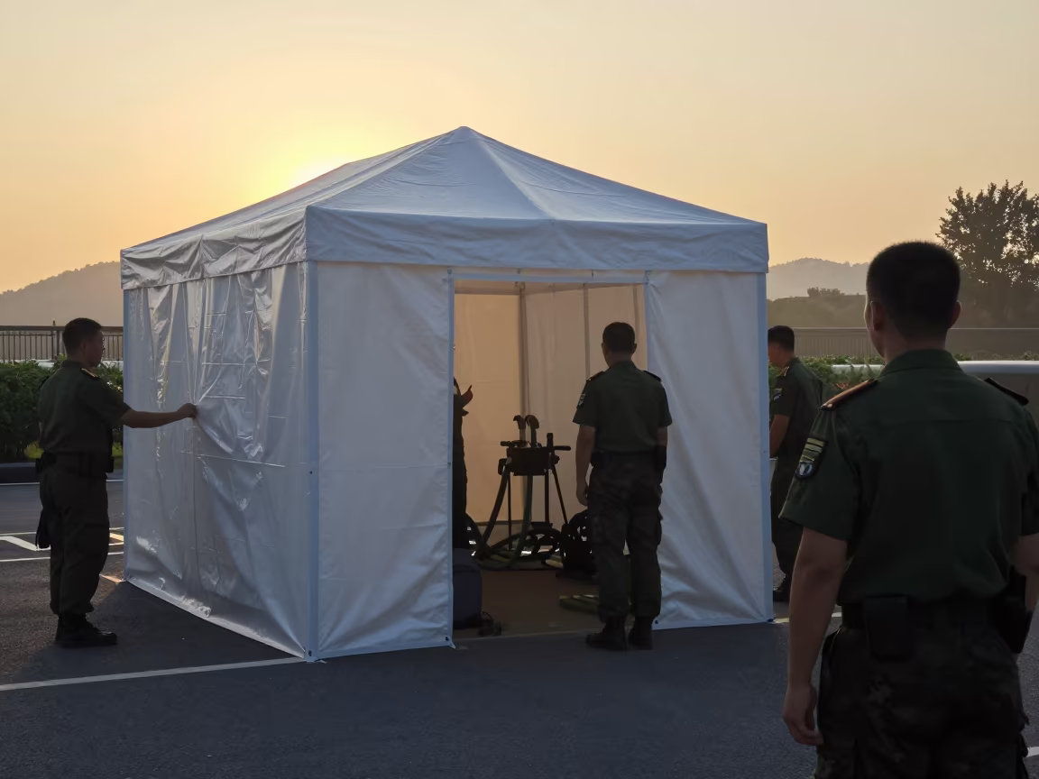 Military Decontamination Tent in Hangzhou Evening in at a checkpoint lane in Hangzhou