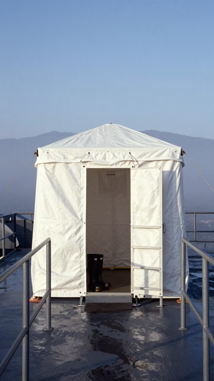 Military Decontamination Tent on Naval Deck in on a naval deck in rough wind in Cleveland