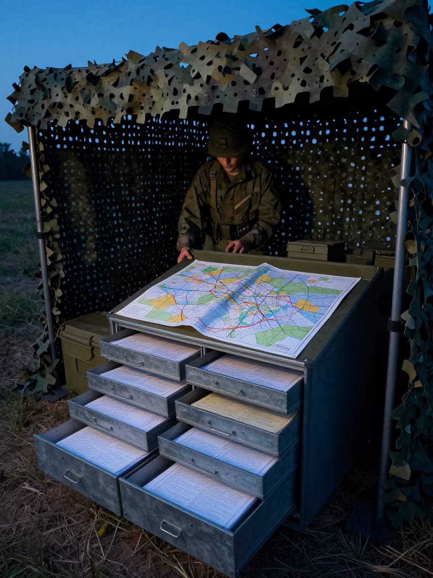 Military Dispatch Map Drawer Under Camo Net in beneath a camouflage net shelter in Belas