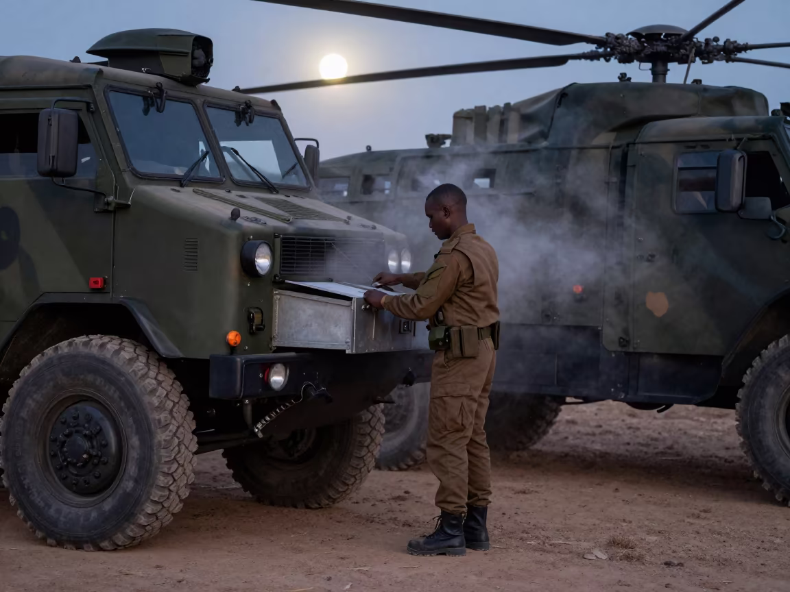 Military Dispatch Map Drawer in Predawn Burundi in beside a convoy halt on open ground in Burundi