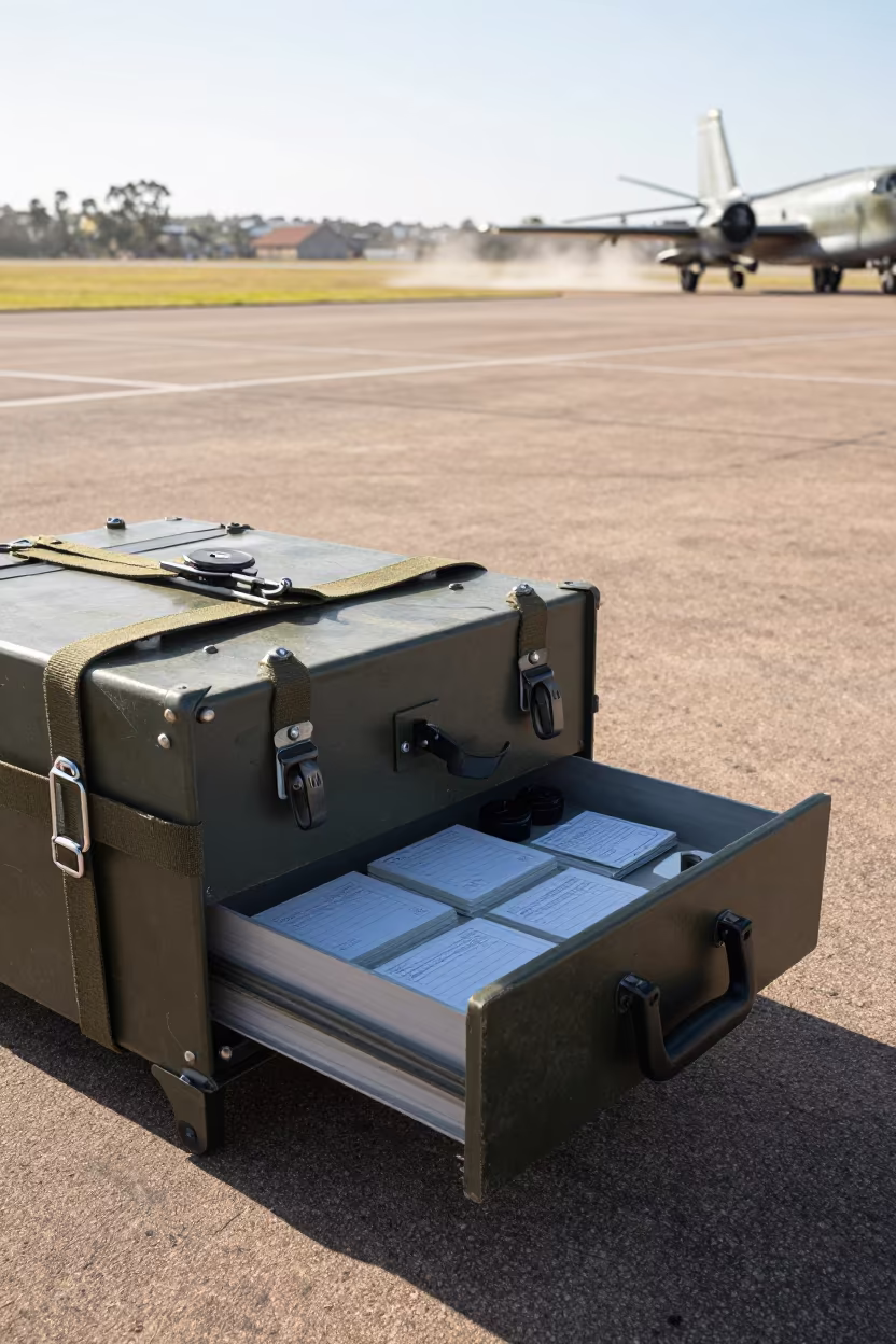 Military Dispatch Seal Bag Drawer on Sydney Flight Line in along an airbase flight line in Manly, Sydney