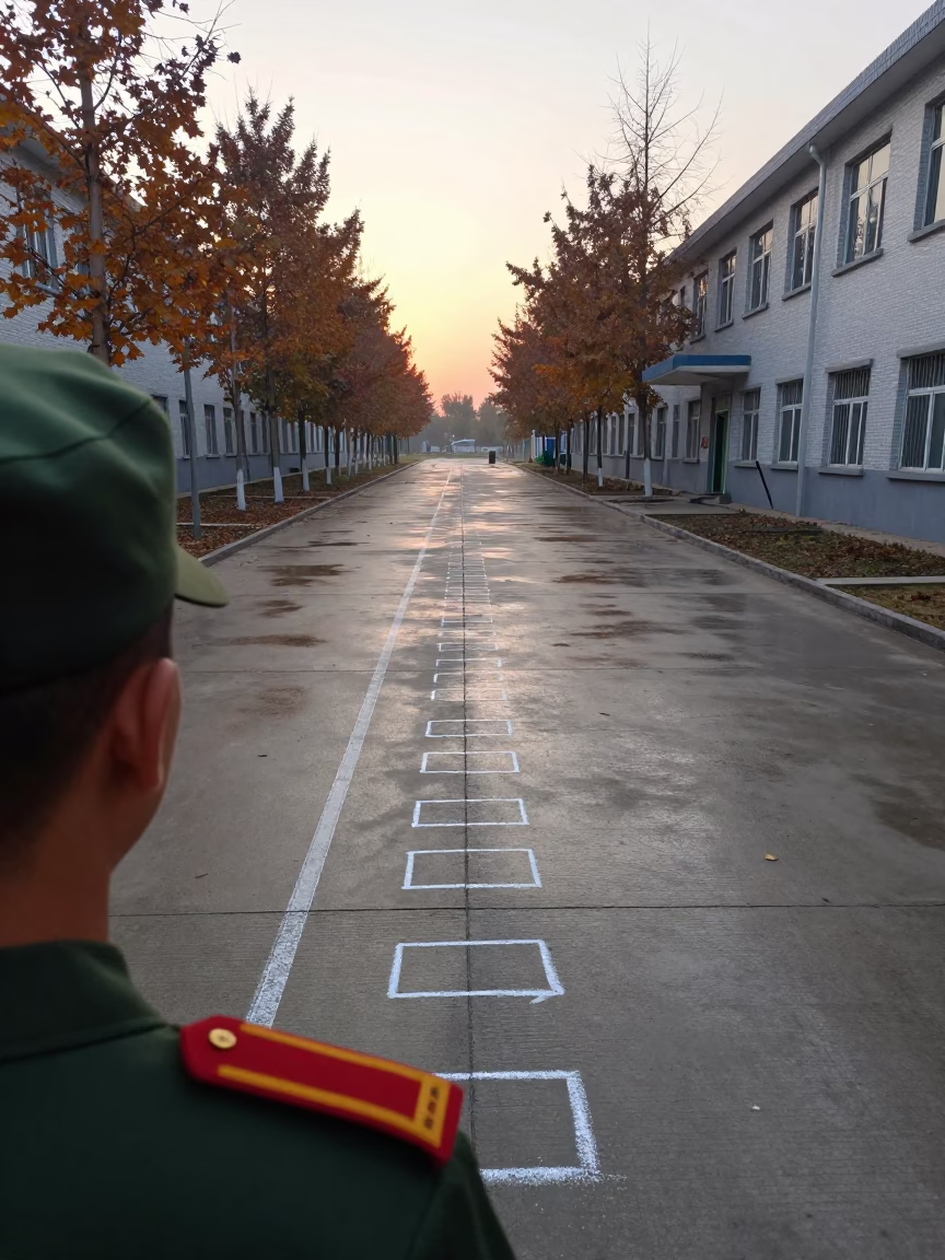 Military Drill Line Chalk Marks Morning Light in at a checkpoint lane in Shandong