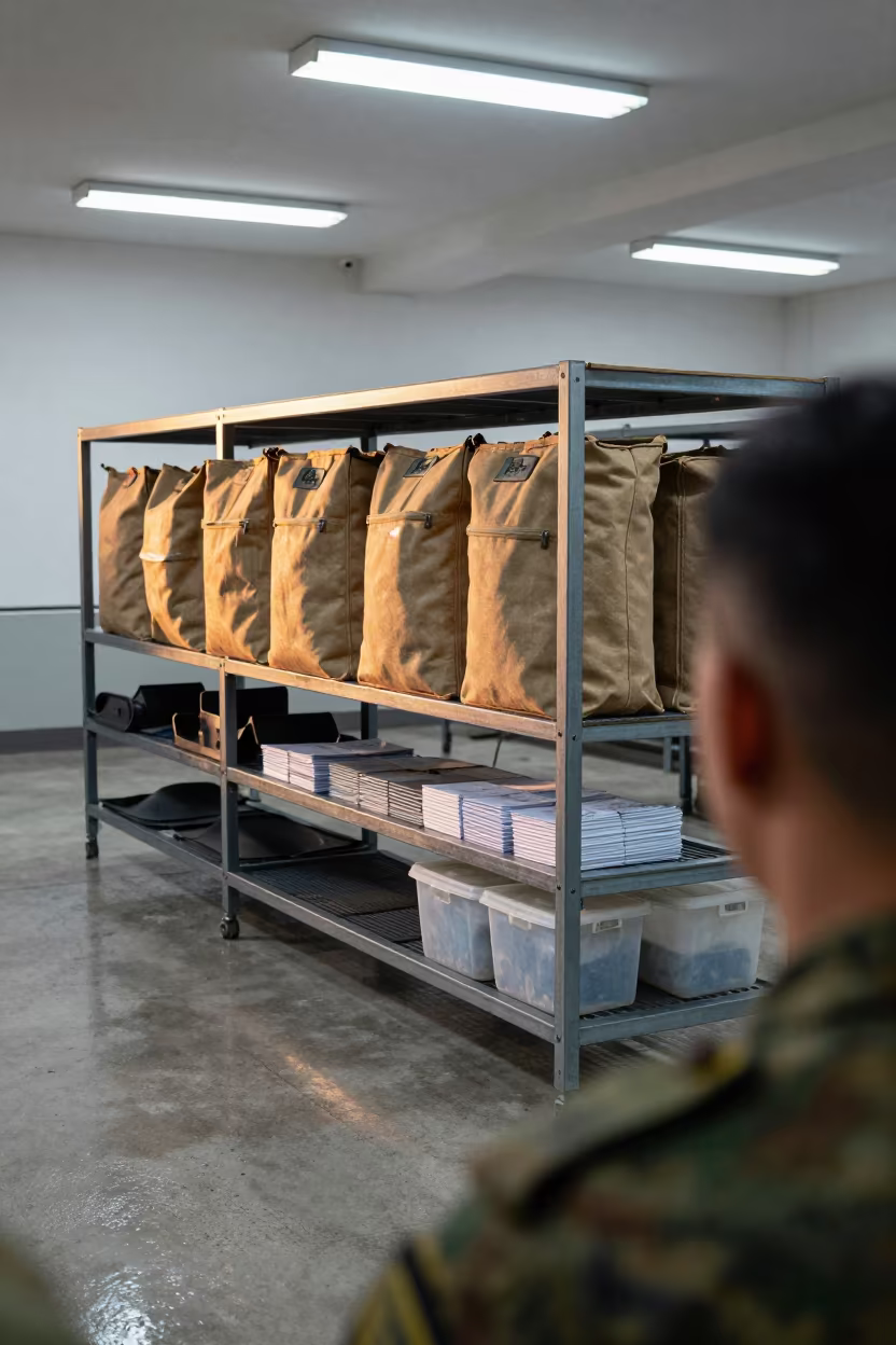 Military Drip Pan Rack Under Fluorescent Light in inside a briefing room in Hubei