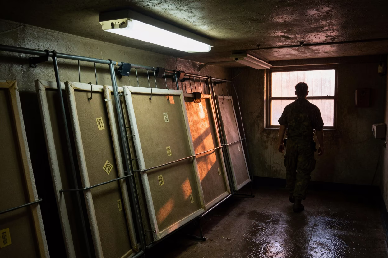 Military Drip Pan Rack in Los Guayos Bunker in inside a bunker stairwell in Los Guayos