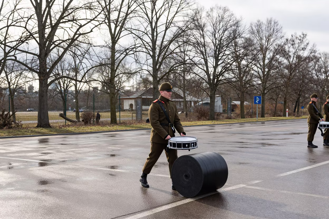 Military Drummer Pressing Roll Winter Airbase in along an airbase flight line near Berlin