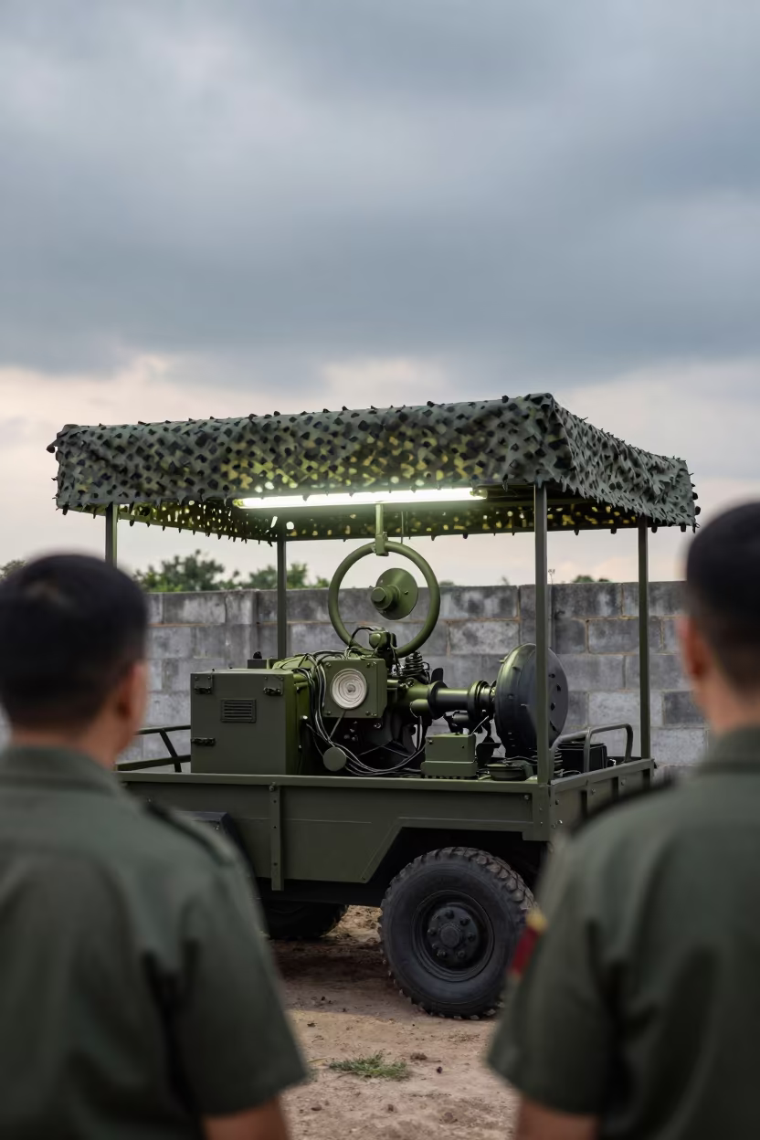 Military Engine Cart Under Camo Net in Zhejiang in beneath a camouflage net shelter in Zhejiang