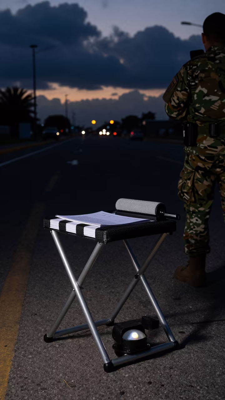 Military Field Chapel Cart in Predawn Shadow in at a checkpoint lane near Culiacán
