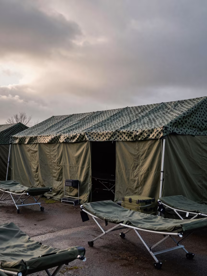Military Field Hospital Tent Under Olive Cots in beneath a camouflage net shelter in Rennes