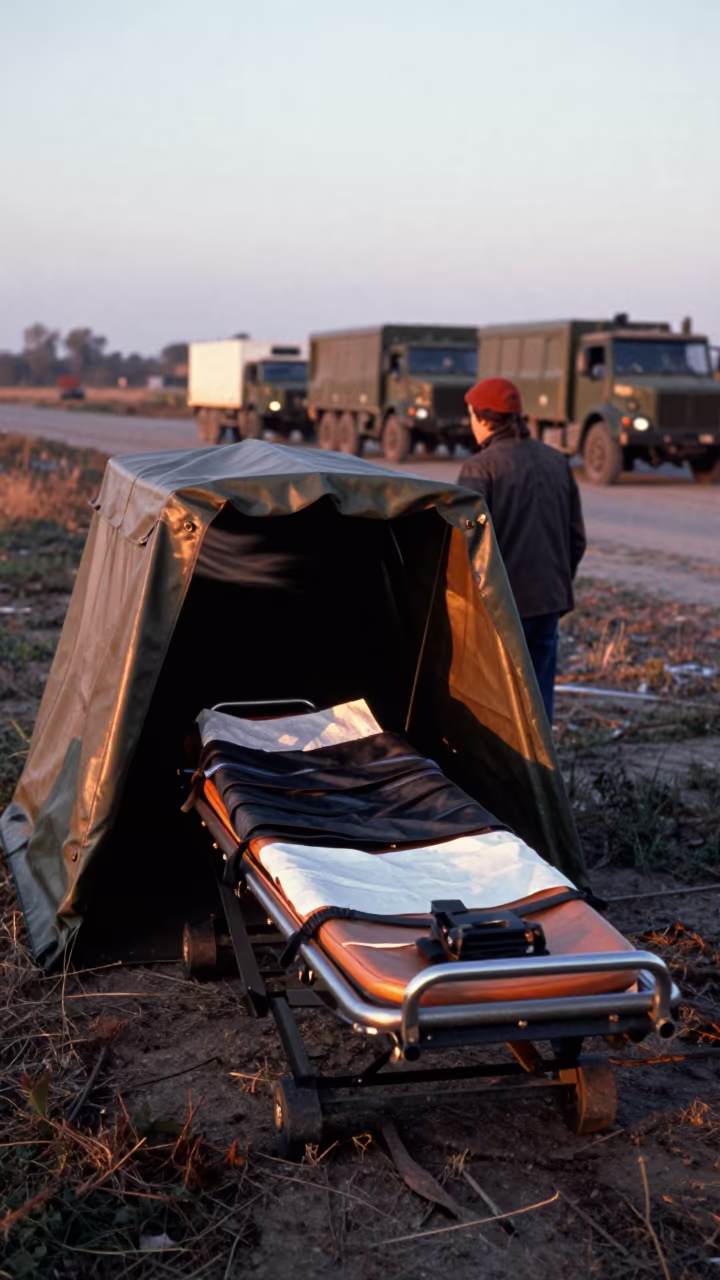 Military Field Stretcher Bay Before Dusk in beside a convoy halt on open ground near Torreón