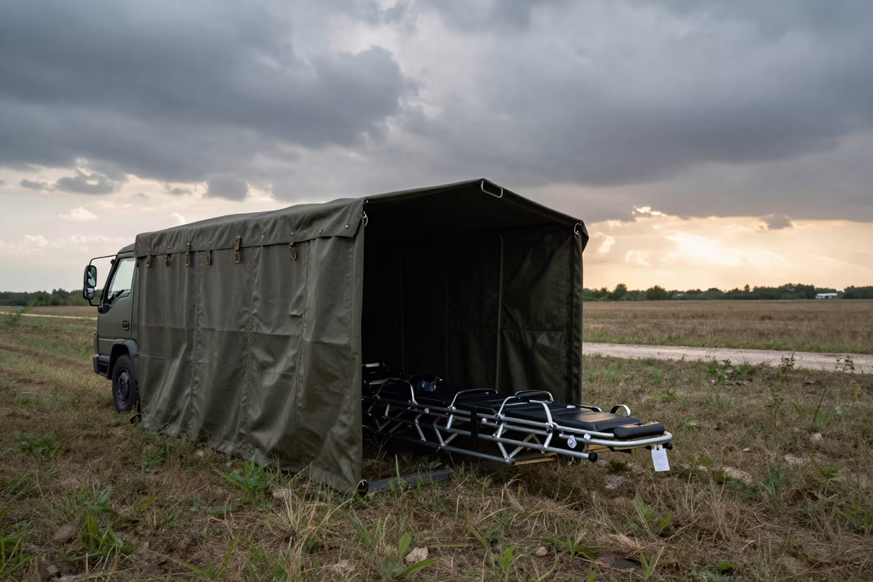 Military Field Stretcher Bay Before Dawn in beside a convoy halt on open ground in Croatia