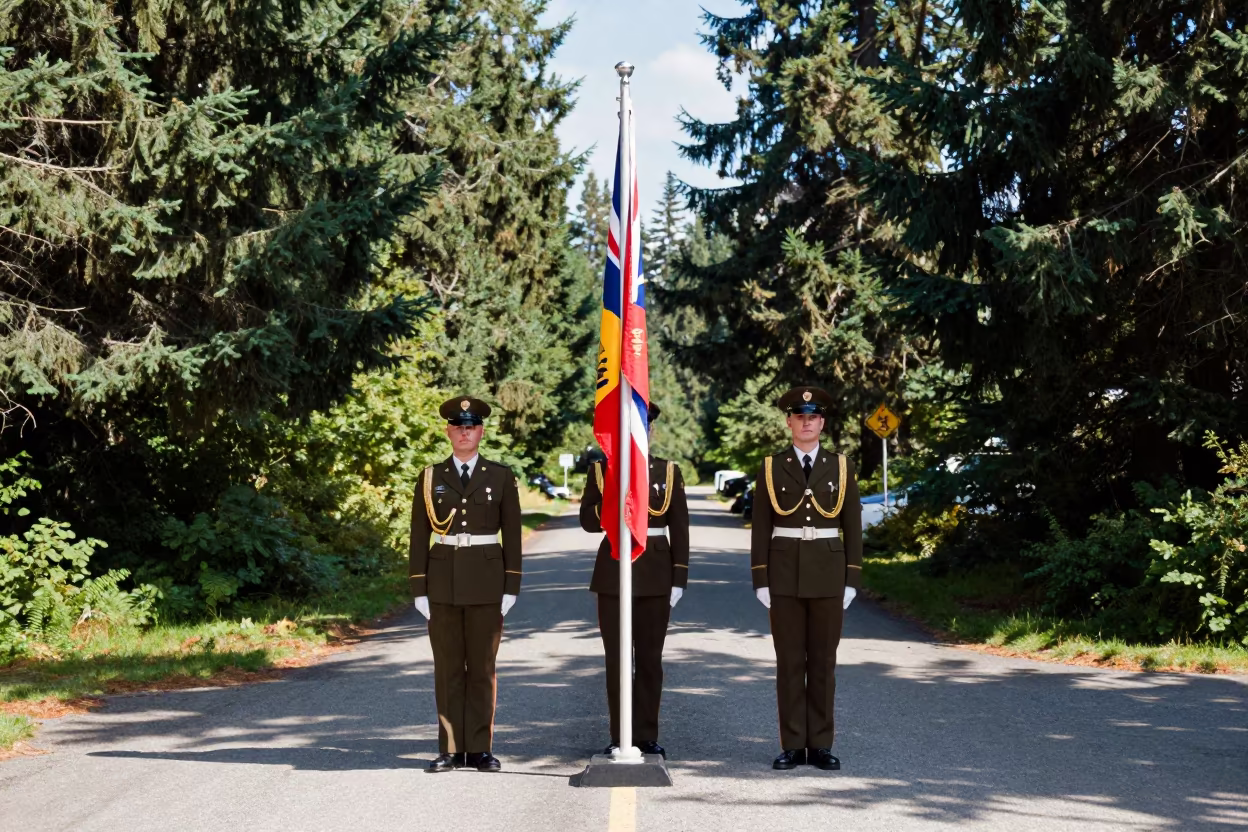 Military Flag Ceremony in British Columbia Summer Light in at a checkpoint lane in British Columbia