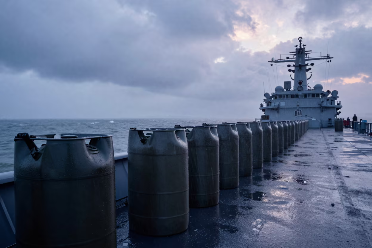 Military Fuel Cans on Naval Deck Dawn in on a naval deck in rough wind in Ikeja