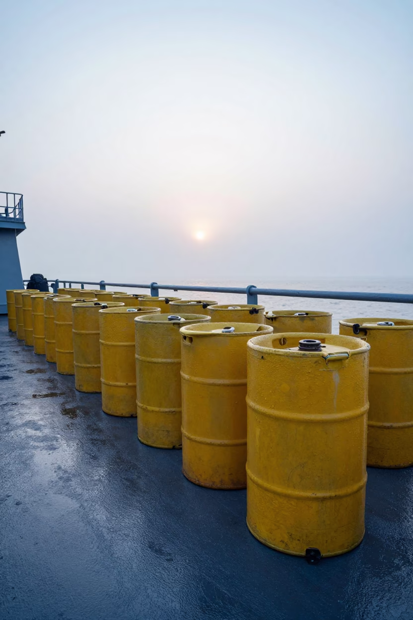 Military Fuel Cans on Naval Deck in Drizzle in on a naval deck in rough wind near Kalighat, Kolkata