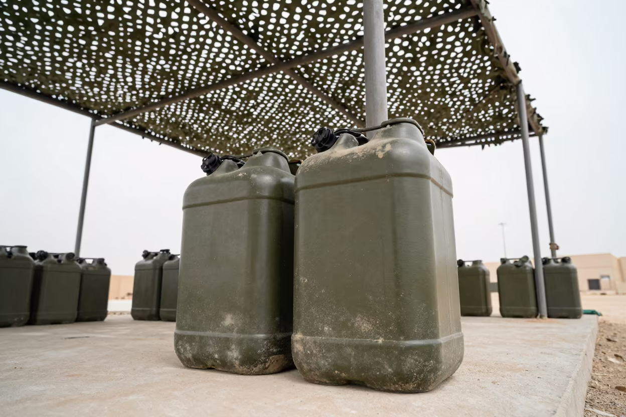 Military Fuel Sample Jar in Muscat Shelter in beneath a camouflage net shelter in Muscat