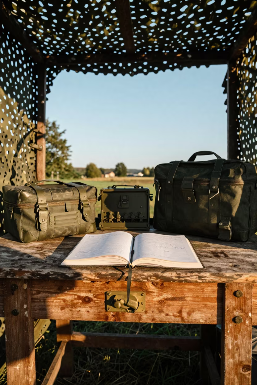 Military Gear Ledger Desk Under Camo Net in beneath a camouflage net shelter near Bonn