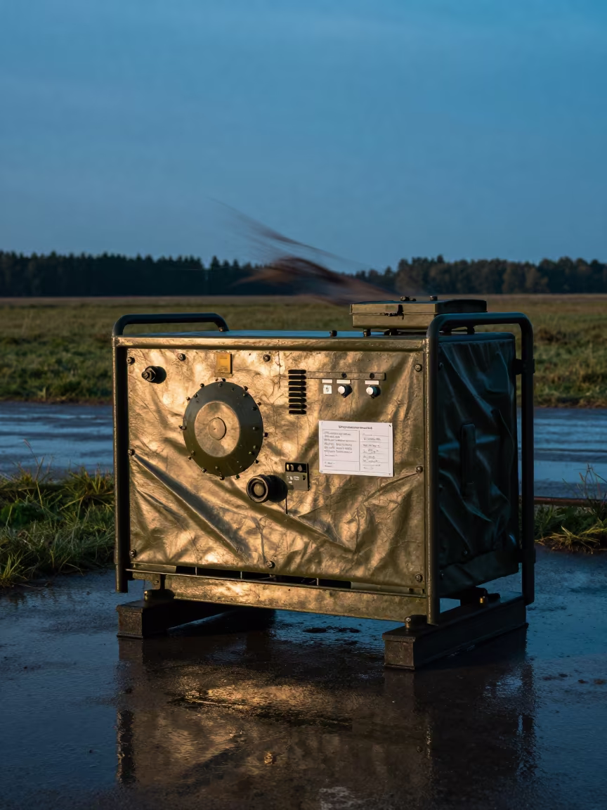 Military Generator Board Blue Hour Poland in beside a convoy halt on open ground in Poland