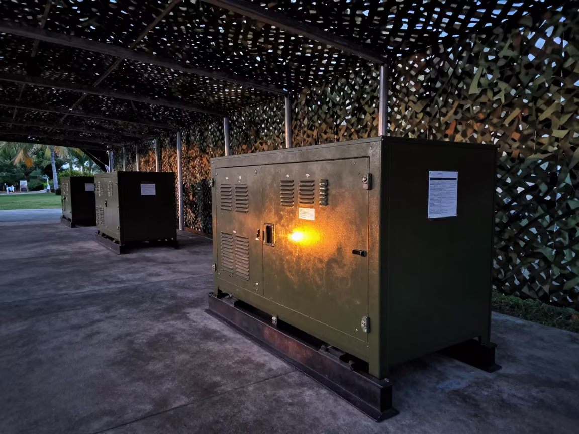 Military Generator Board Under Camouflage Net in beneath a camouflage net shelter in Victoria Seychelles