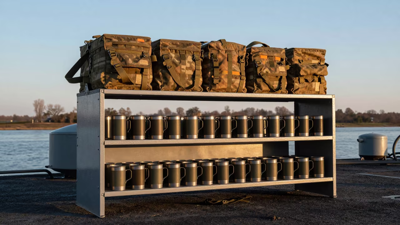 Military Guard Post Mug Shelf Evening Light in on a naval deck in rough wind in the Rhine Valley