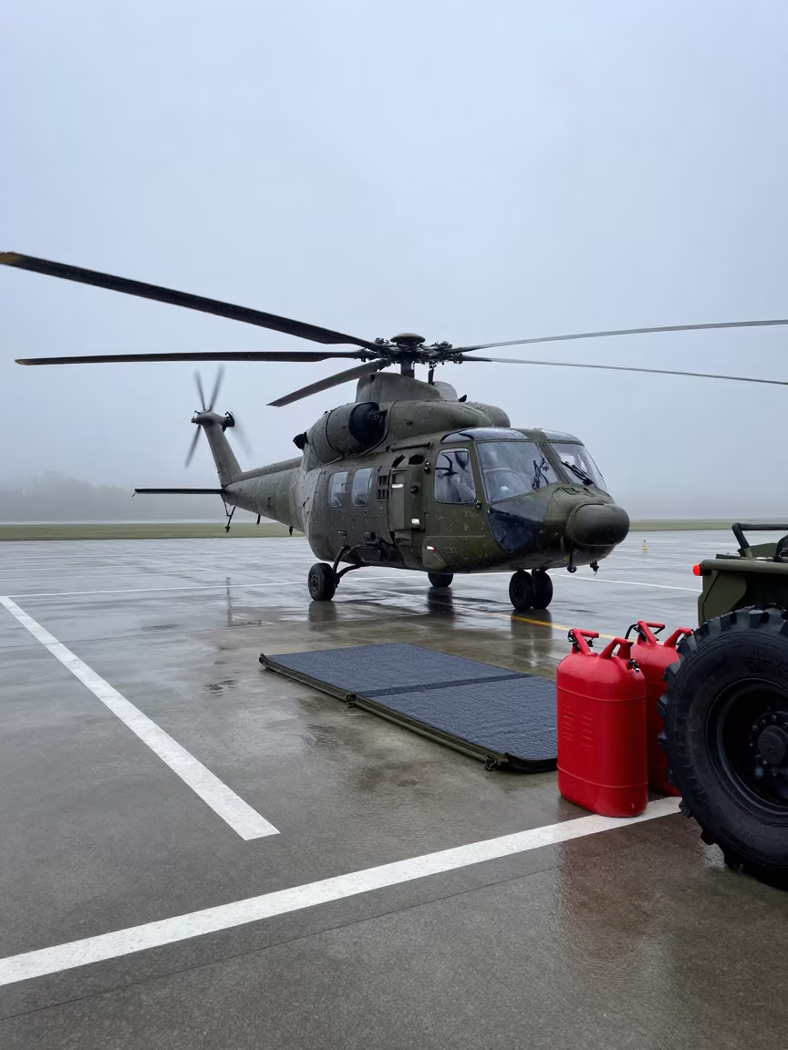 Military Helicopter Pad Dawn Monsoon Portugal in beside a convoy halt on open ground in Portugal