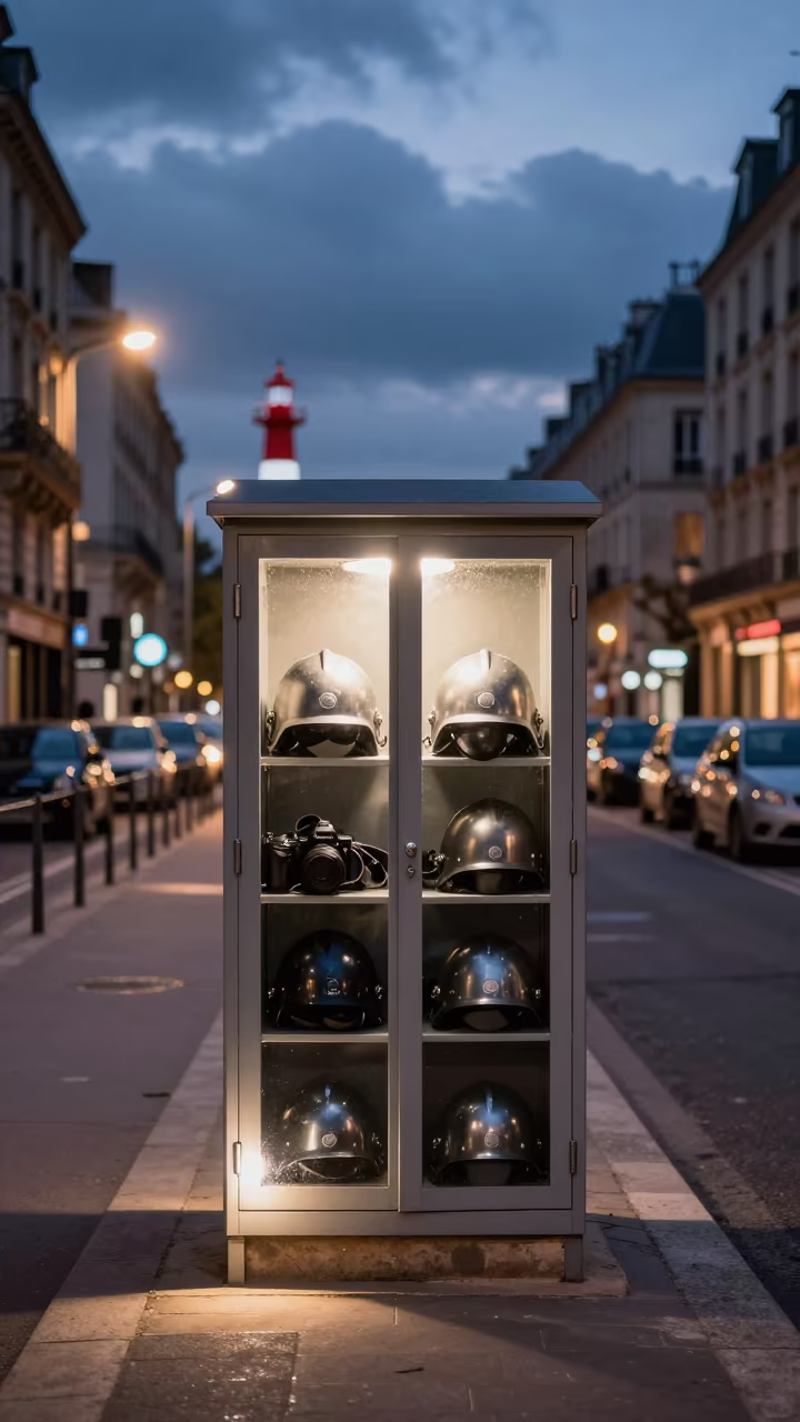 Military Helmet Cabinet Midnight Paris in at a checkpoint lane in Le Marais, Paris