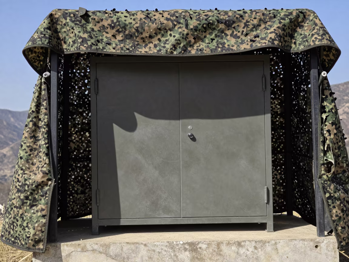 Military Helmet Cabinet Under Netting in Late Spring in beneath a camouflage net shelter near Kota