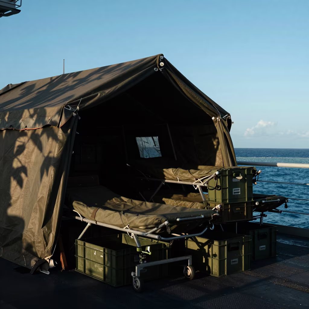 Military Hospital Tent Silhouetted Against Reef Sky in on a naval deck in rough wind in the Great Barrier Reef