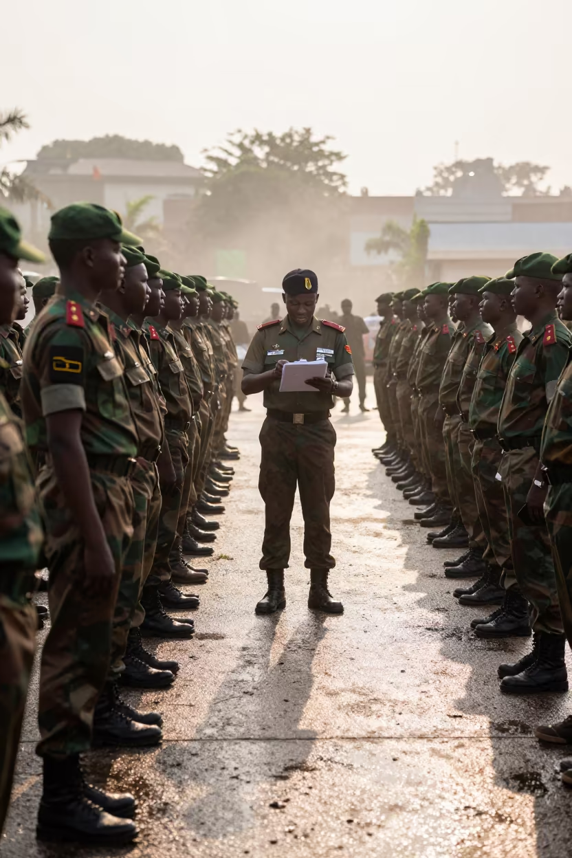 Military Inspection at Dawn in Ouidah Checkpoint in at a checkpoint lane in Ouidah