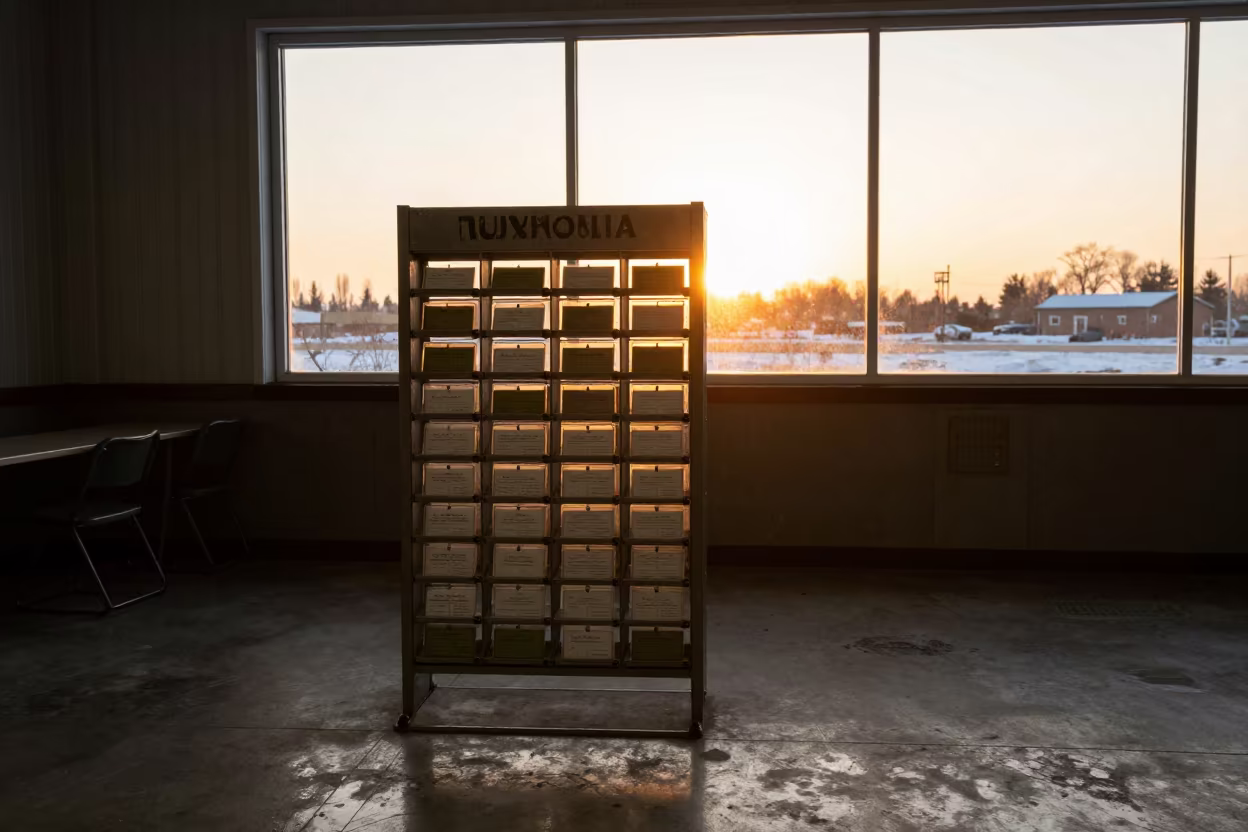 Military Laundry Card Rack Silhouette at Golden Hour in inside a briefing room in Yukon