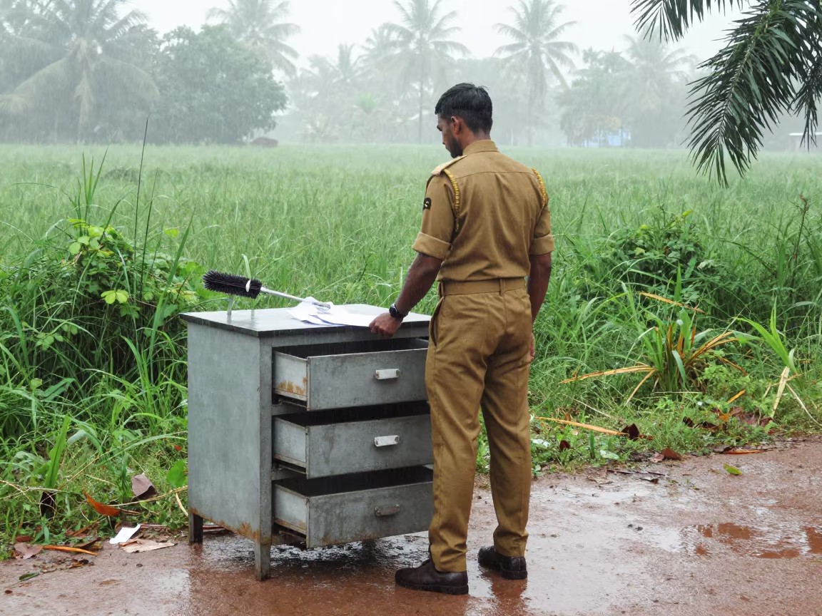 Military Lint Brush Drawer in Kerala Mist in beside a convoy halt on open ground in Kerala