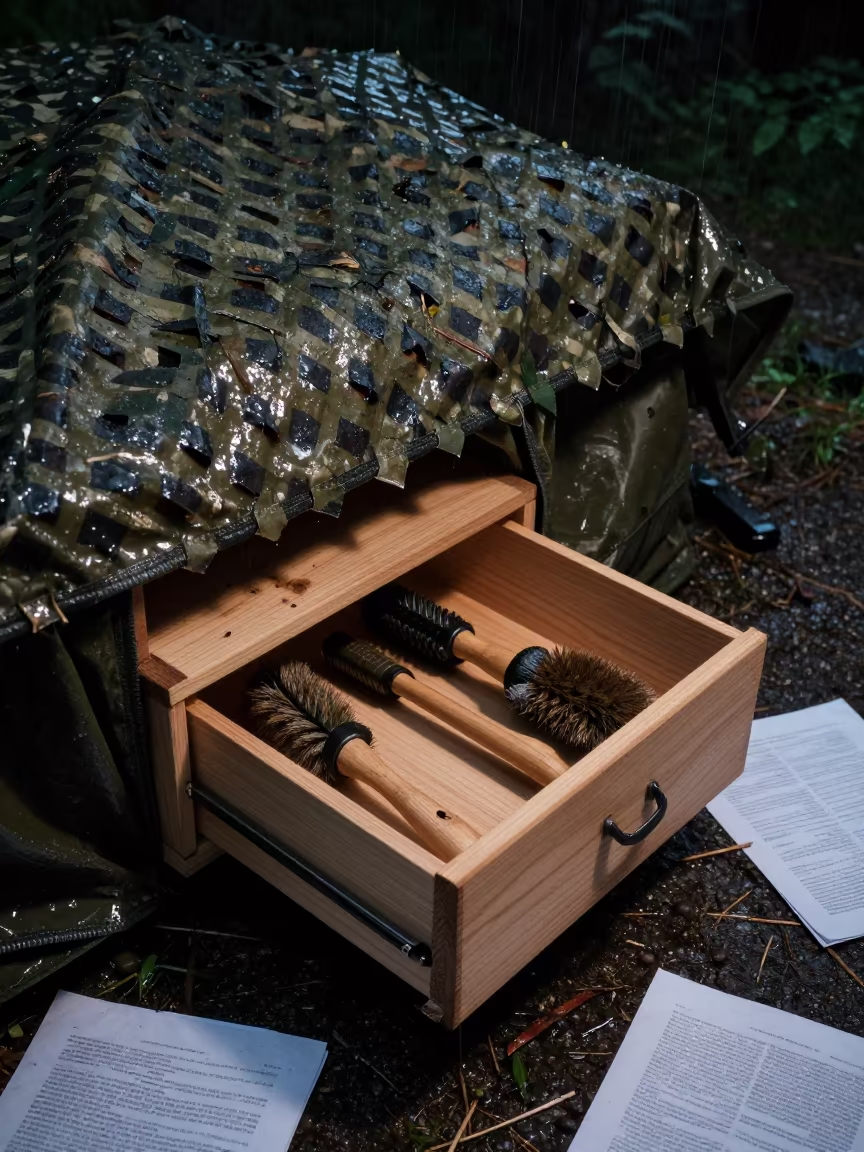Military Lint Brush Drawer Under Camo Net in beneath a camouflage net shelter in Bavaria