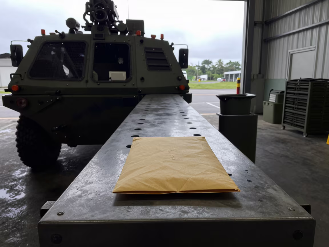 Military Mail Packet in El Salvador Armored Bay in in an armored vehicle bay in El Salvador