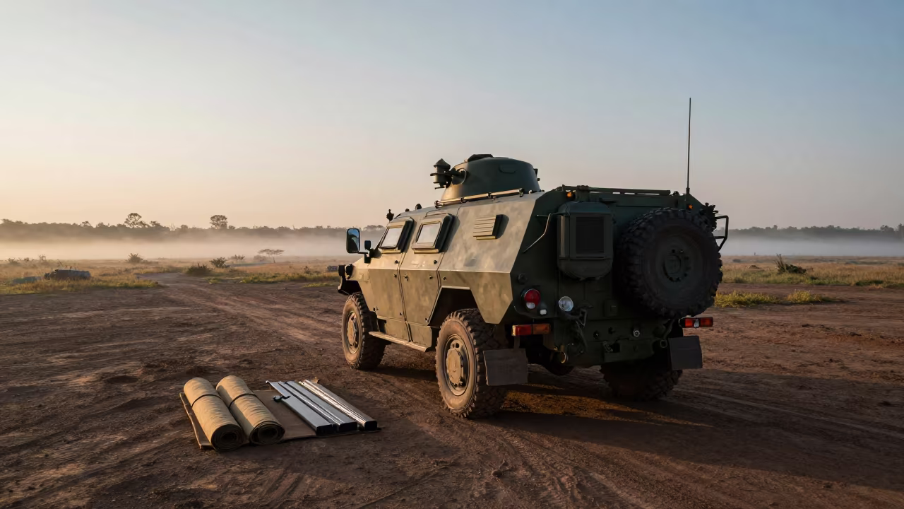 Military Maintenance Bay at Sunset in Rwanda in beside a convoy halt on open ground in Rwanda