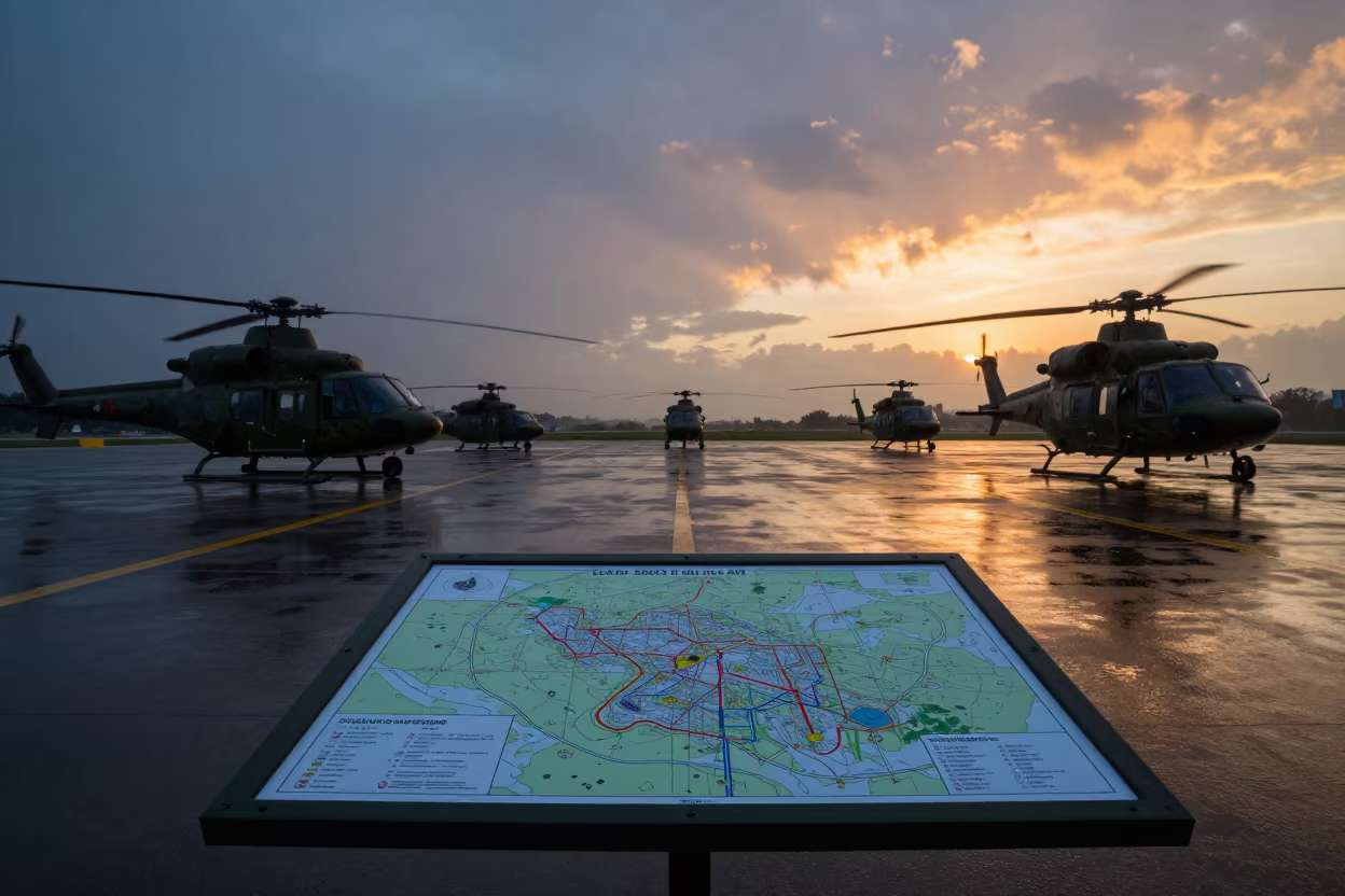 Military Map Board Sunset Rain Guangzhou in along an airbase flight line near Guangzhou