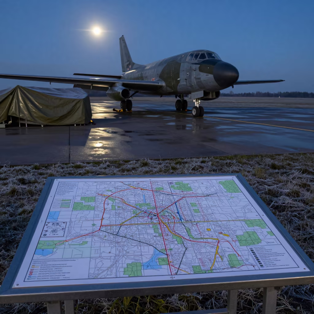 Military Map Grid Before Dawn Over Chorzów Airbase in along an airbase flight line in Chorzów