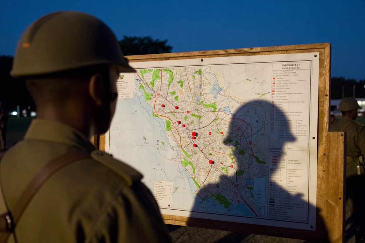 Military Map Pin Board Night Grenada in on a parade ground in Grenada