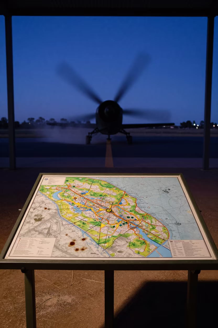Military Map Table Silhouette at Perth Airbase Twilight in along an airbase flight line in Perth