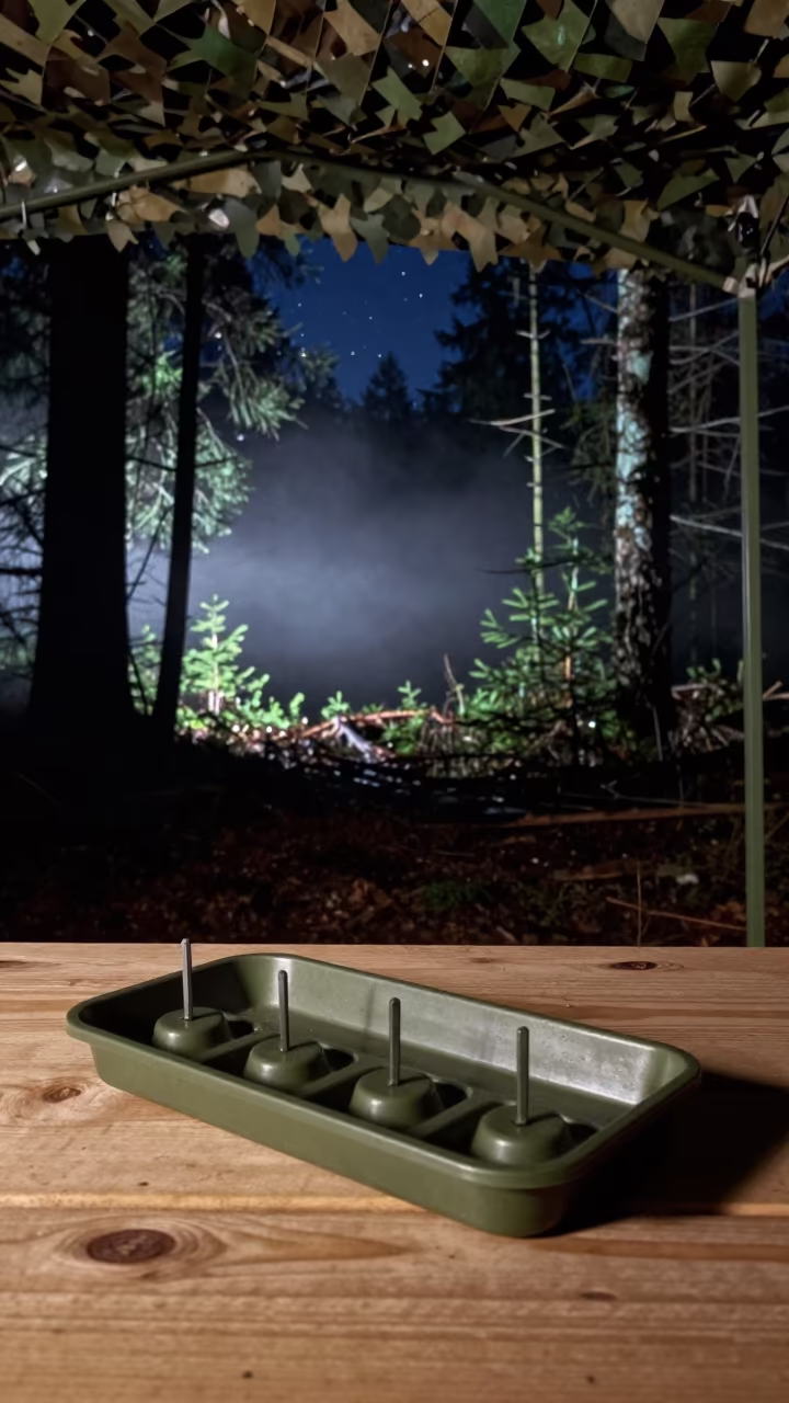 Military Meal Clicker Tray Under Night Shelter in beneath a camouflage net shelter in British Columbia
