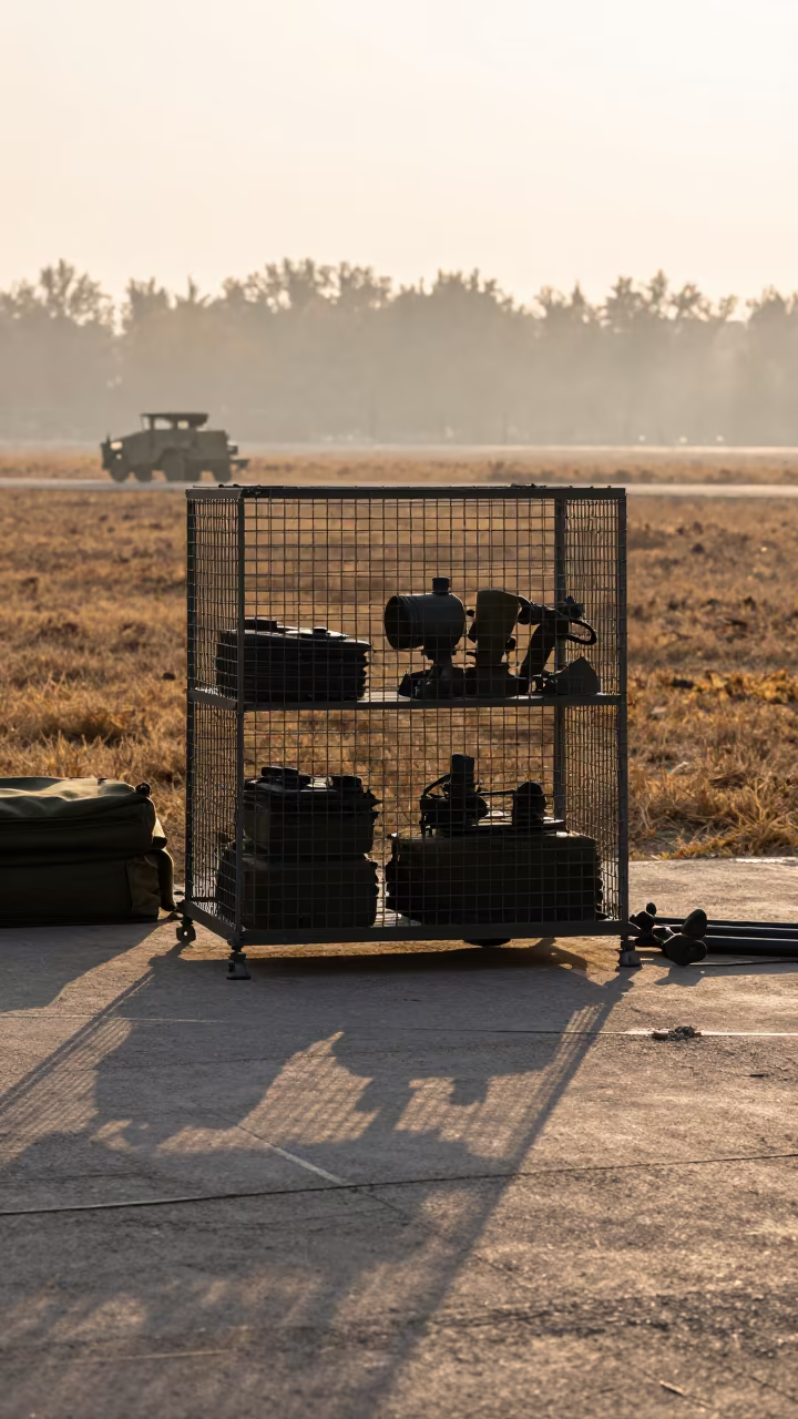 Military Parts Cage Under Copper Dusk Light Samarkand in on a parade ground near Samarkand