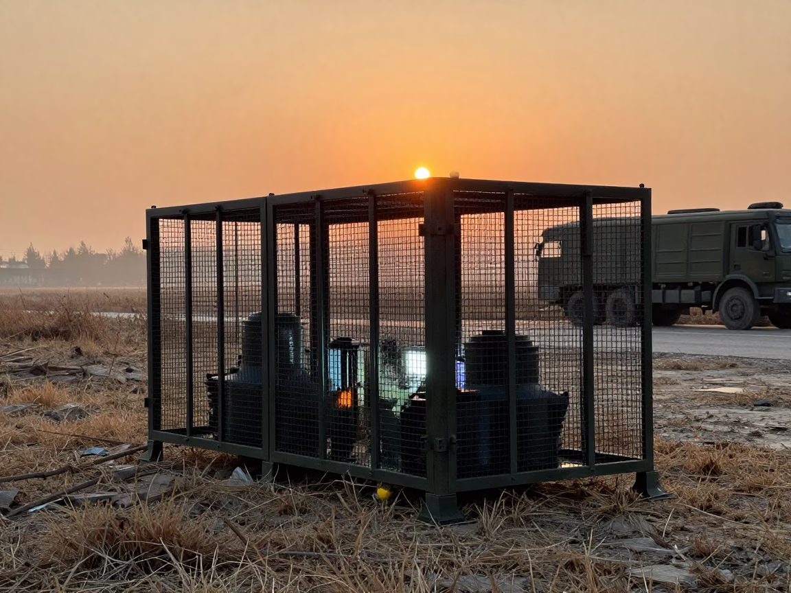 Military Parts Cage at Ningbo Convoy Halt Sunset in beside a convoy halt on open ground near Ningbo