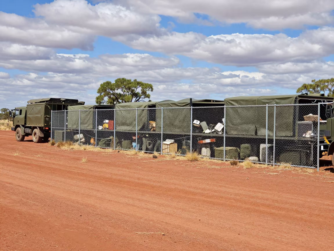 Military Parts Cage at Northern Territory Convoy Halt in beside a convoy halt on open ground in Northern Territory