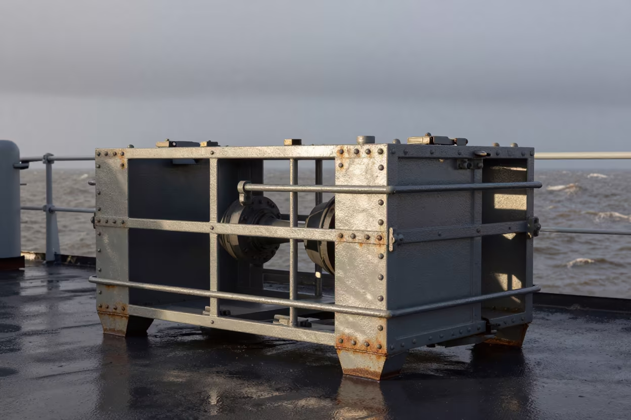 Military Parts Cage on Stormy Naval Deck in on a naval deck in rough wind in South Sudan