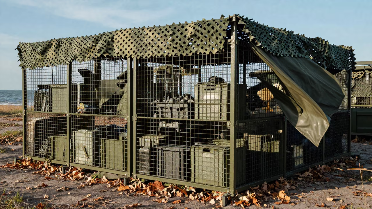Military Parts Cage Under Camo Net Poland in beneath a camouflage net shelter in Poland