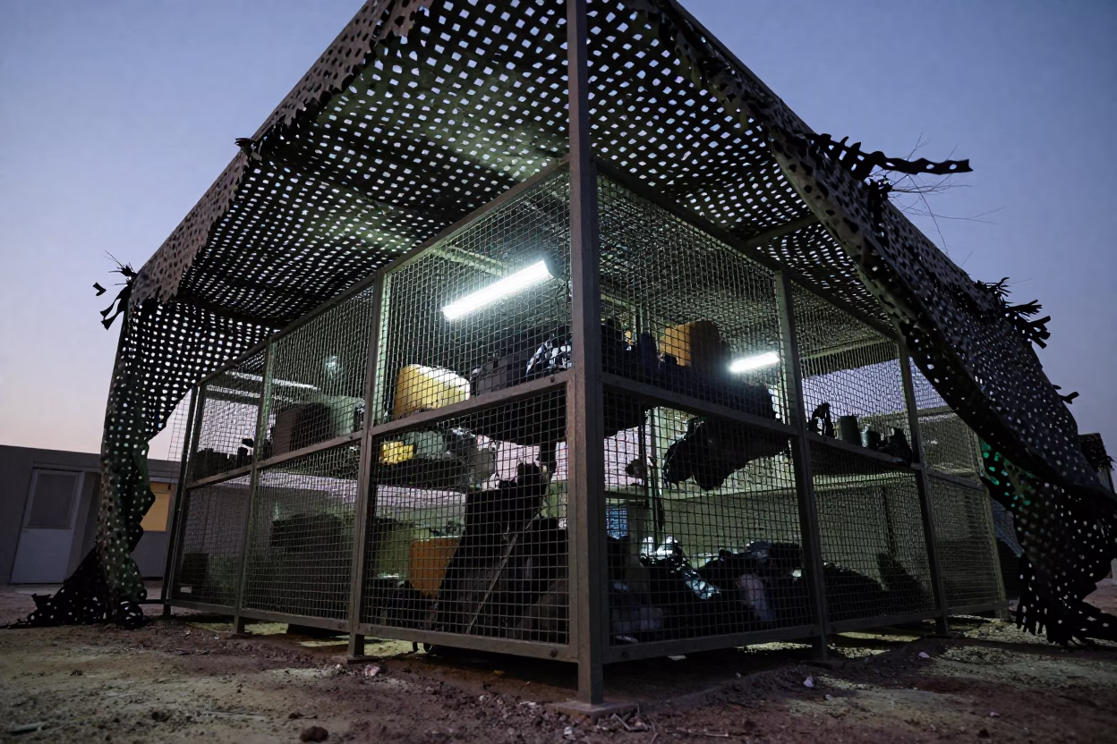 Military Parts Cage Under Net Before Dawn in beneath a camouflage net shelter in Iran