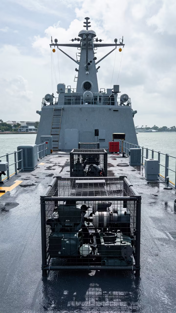 Military Parts Cage on Wet Naval Deck Singapore in on a naval deck in rough wind near Singapore
