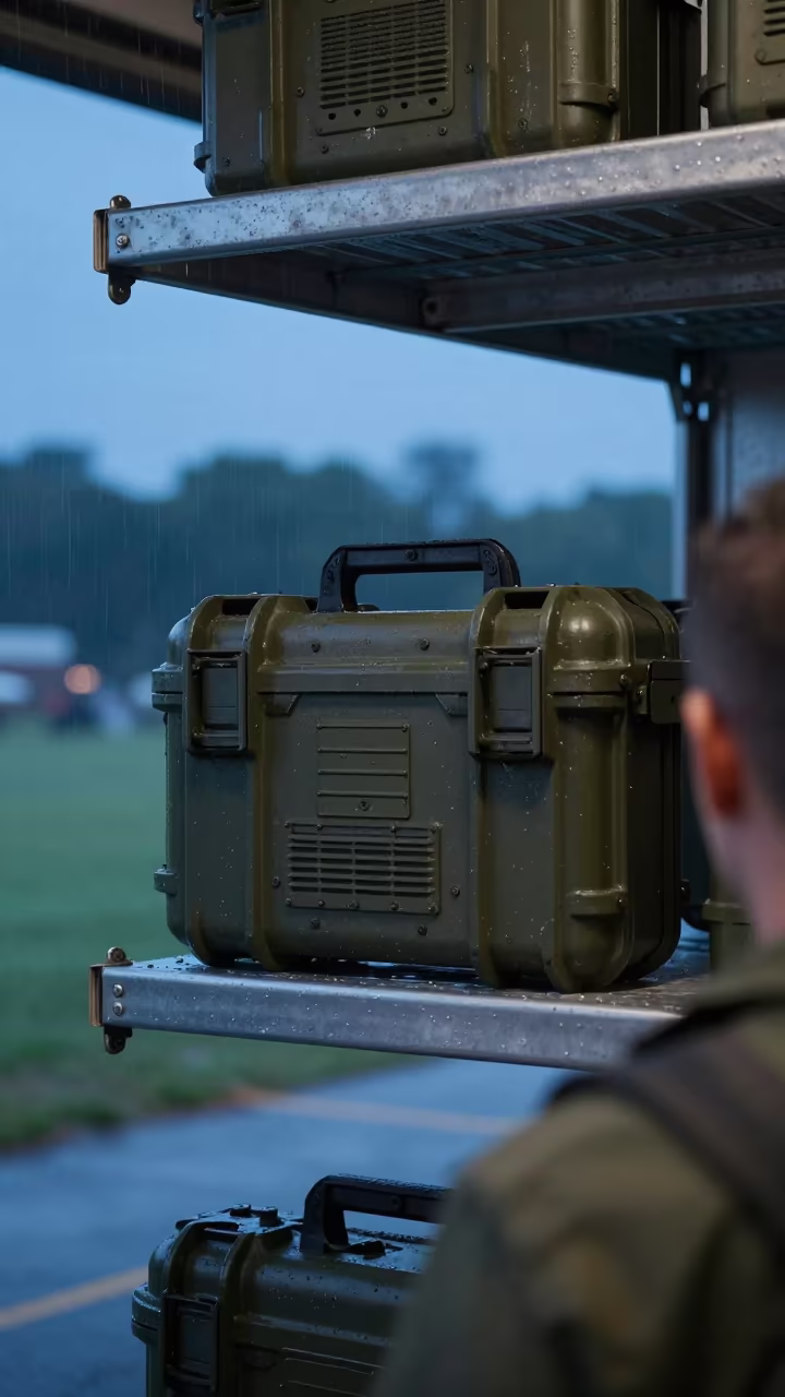 Military Radio Case Shelf Twilight Readiness in on a parade ground in New York
